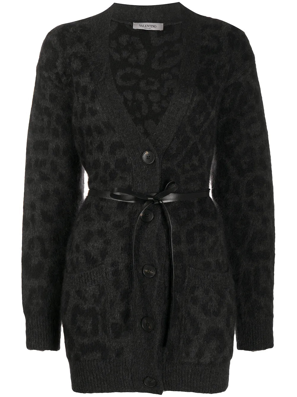 Valentino Leopard-Pattern Belted Cardigan — Gray