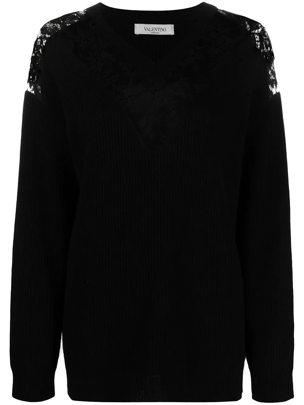 Valentino Lace-Panelled Virgin Wool-Cashmere Sweater — Black