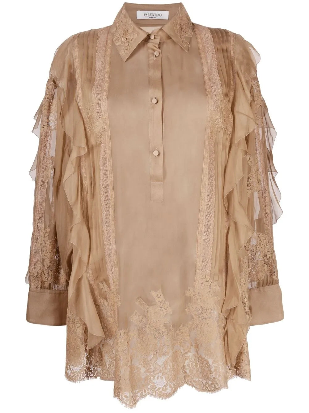 Valentino Lace-Trimmed Ruffle Silk Blouse — Beige