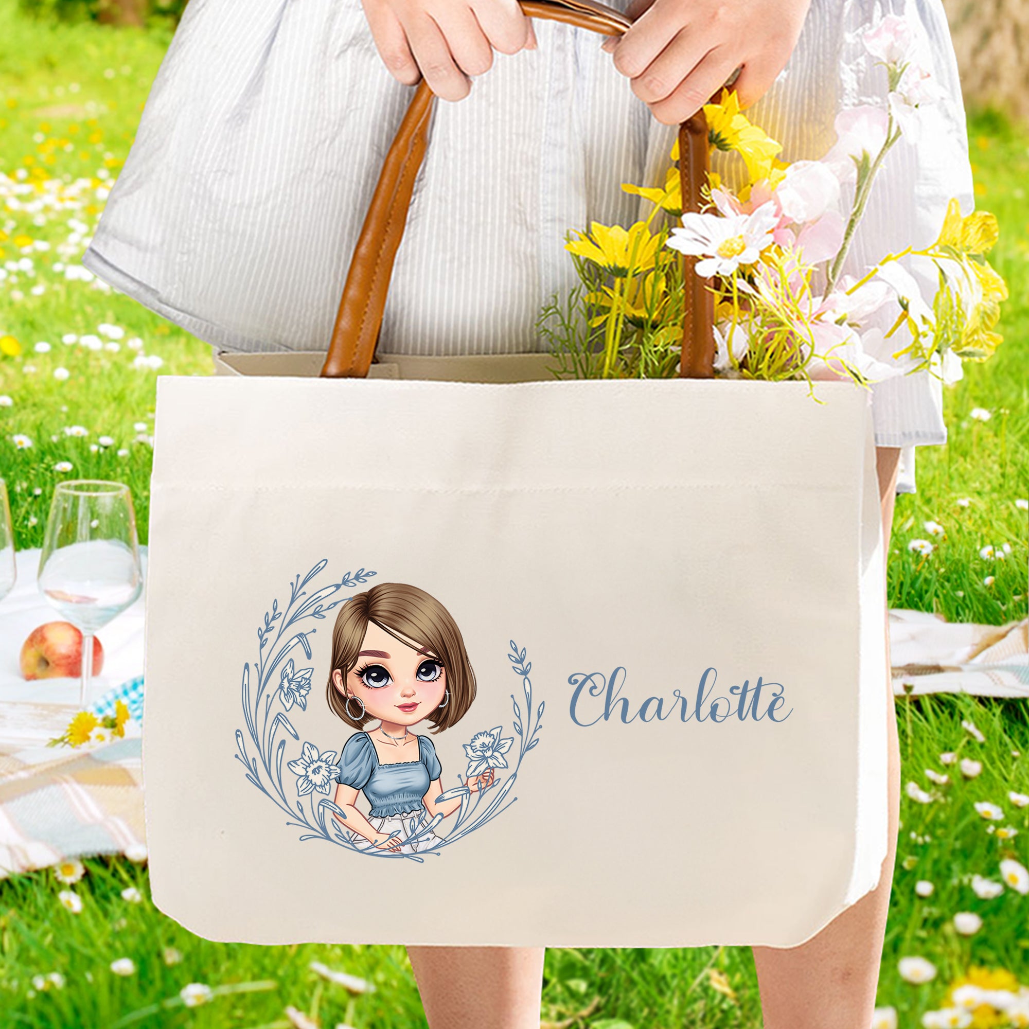 Personalizada Nacimiento Flor Caricatura Personaje Lienzo Bolsa Tote con Nombre y Asa de Cuero PU Viaje Esenciales Cumpleaños Aniversario Regalo para Mujeres