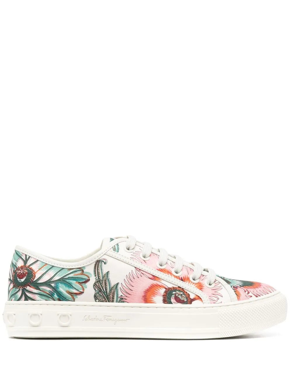 Ferragamo Papavero-Print Leather Sneaker — White