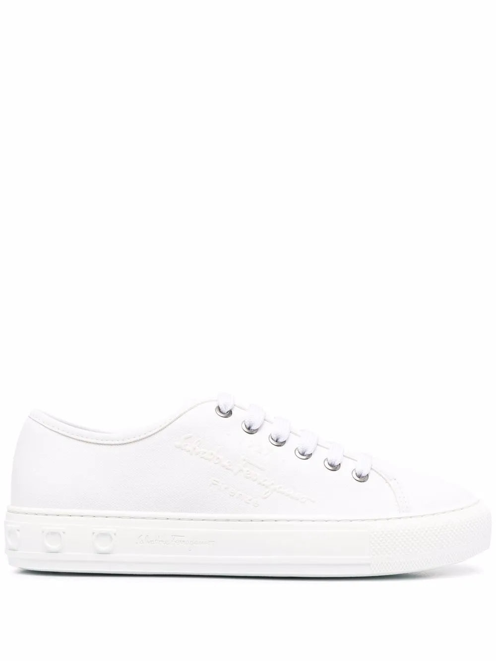 Ferragamo Embossed-Logo Low-Top Sneaker — White
