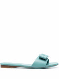 Ferragamo Leather Bow-Detail Slide — Blue