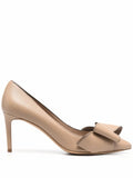 Ferragamo Double Bow Leather Pumps — Beige