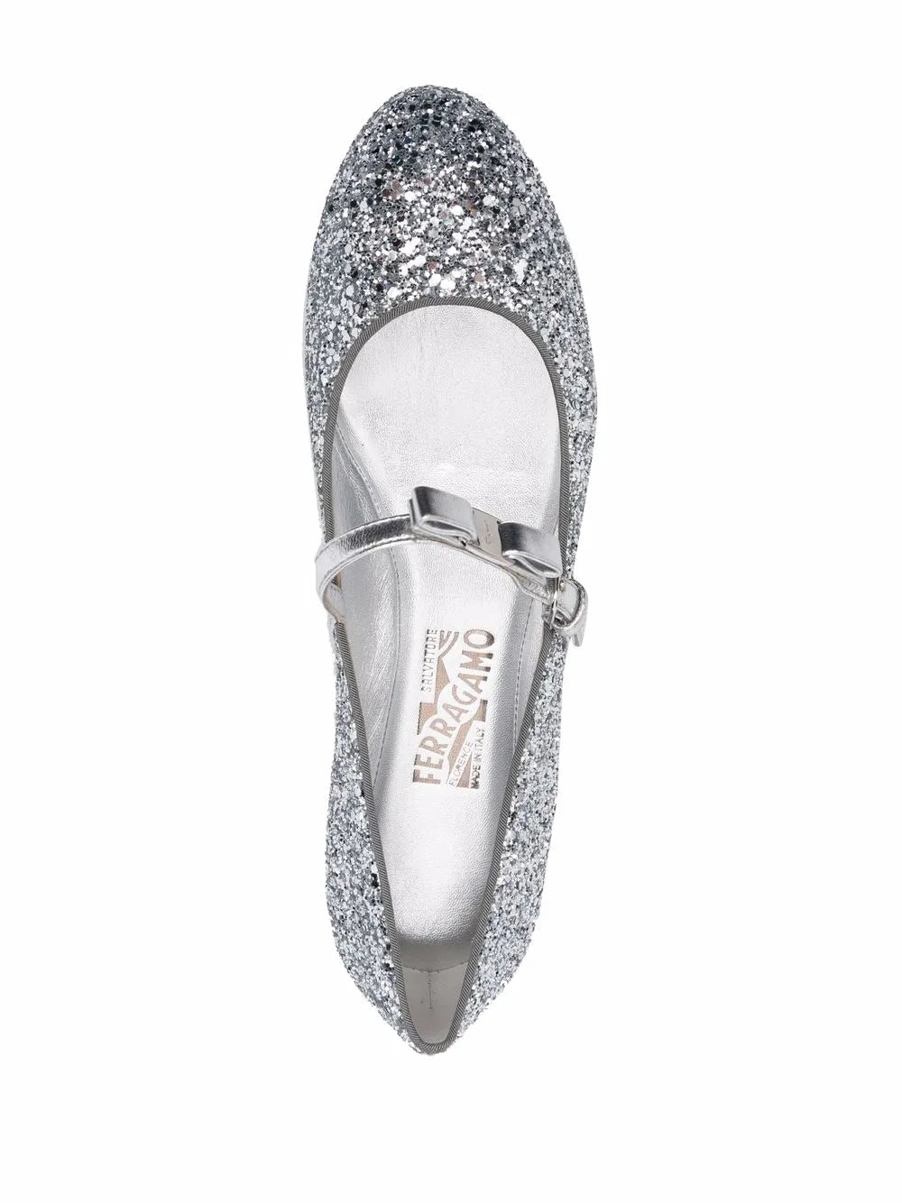 Ferragamo Bow-Detail Glitter Ballerina Flat — Silver