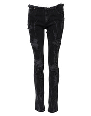 Women's Black Cotton Tattered Skinny Denim Jeans Clothing