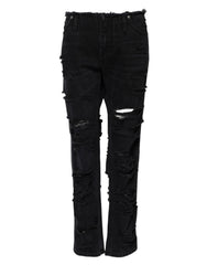 Women's Black Cotton Tattered Mid Waist Denim Jeans Clothing