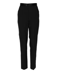 Women's Black Wool Tapered High Waist Pants Virgin Silk Elastane