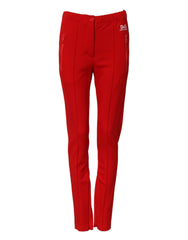 Women's Red Mid Waist Slim Fit Pants Viscose Nylon Elastane