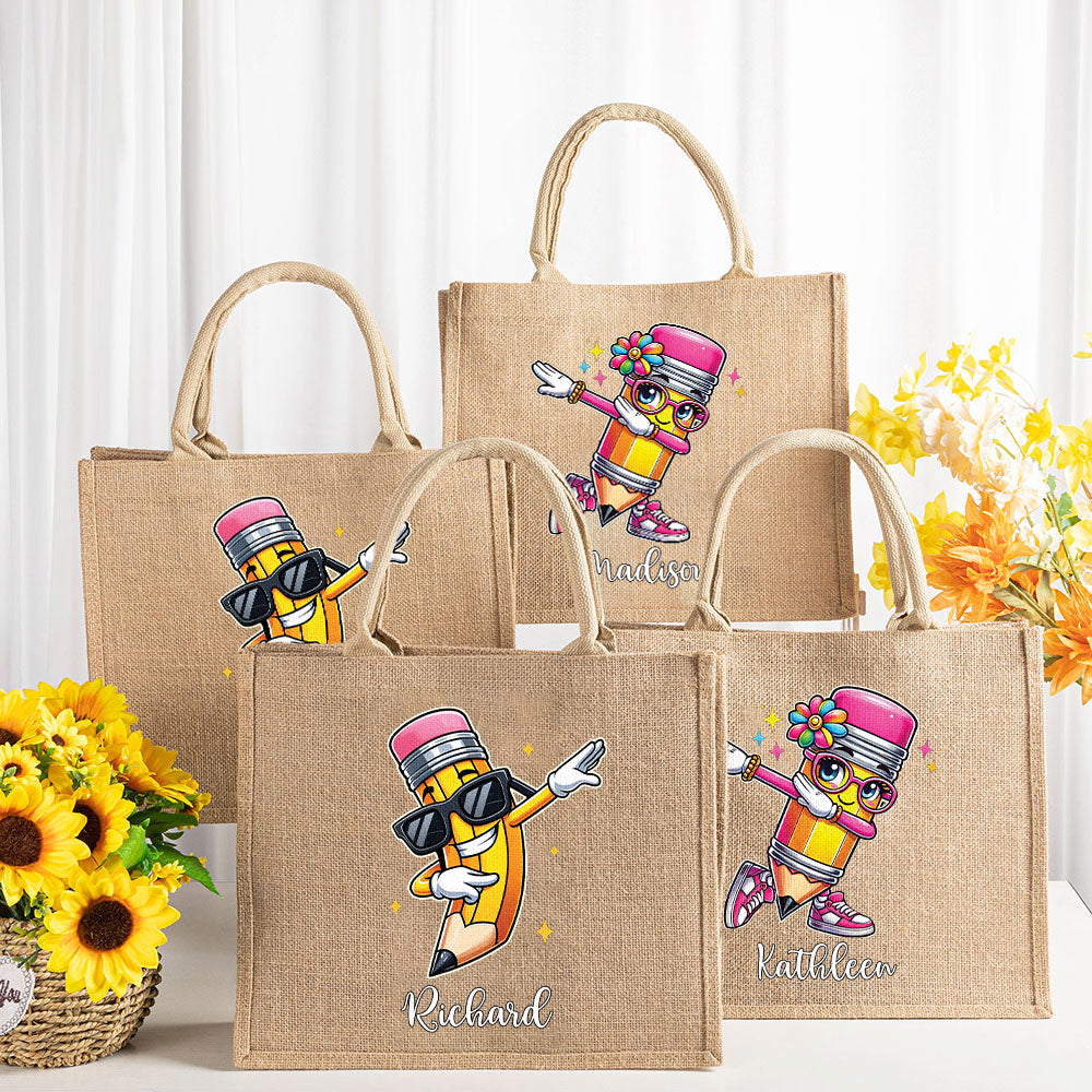 Lápiz personalizado Personajes Bolsa de yute portátil con nombre Accesorio diario Viaje Cumpleaños Regalo para mujer