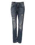 Women's Blue Cotton Boyfriend Tattered Denim Jeans Clothing
