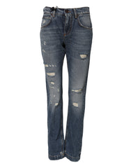 Women's Blue Cotton Boyfriend Tattered Denim Jeans Clothing