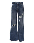 Women's Blue Cotton Wide Leg Tattered Denim Jeans Clothing