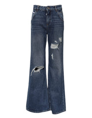 Women's Blue Cotton Wide Leg Tattered Denim Jeans Clothing