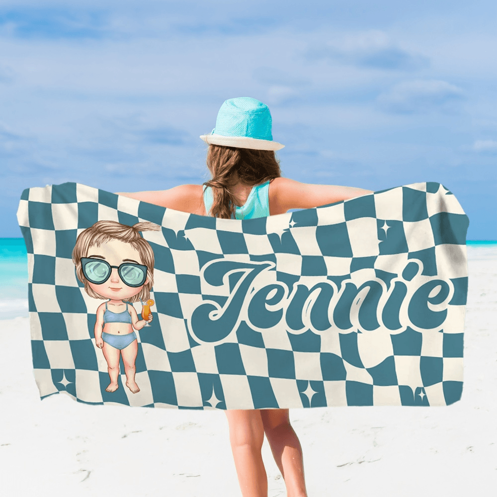 Toalla de playa de gran tamaño personalizada con nombre de personaje de dibujos animados a cuadros retro Vacaciones de verano Regalo de cumpleaños para chica Mujer