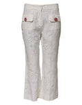 Women's White Cotton Floral Jacquard Pants Viscose Elastane