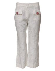 Women's White Cotton Floral Jacquard Pants Viscose Elastane