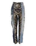 Women's Multicolor Patchwork Tapered Denim Jeans Clothing