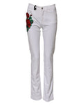 Women's White Floral Embroidery Girly Denim Jeans Cotton Elastane Clothing