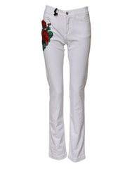 Women's White Floral Embroidery Girly Denim Jeans Cotton Elastane Clothing
