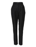 Women's Black Stripes High Waist Tapered Pants Linen Cotton