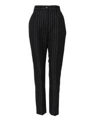 Women's Black Stripes High Waist Tapered Pants Linen Cotton