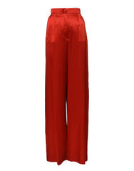 Women's Red Satin High Waist Wide Leg Pants Silk