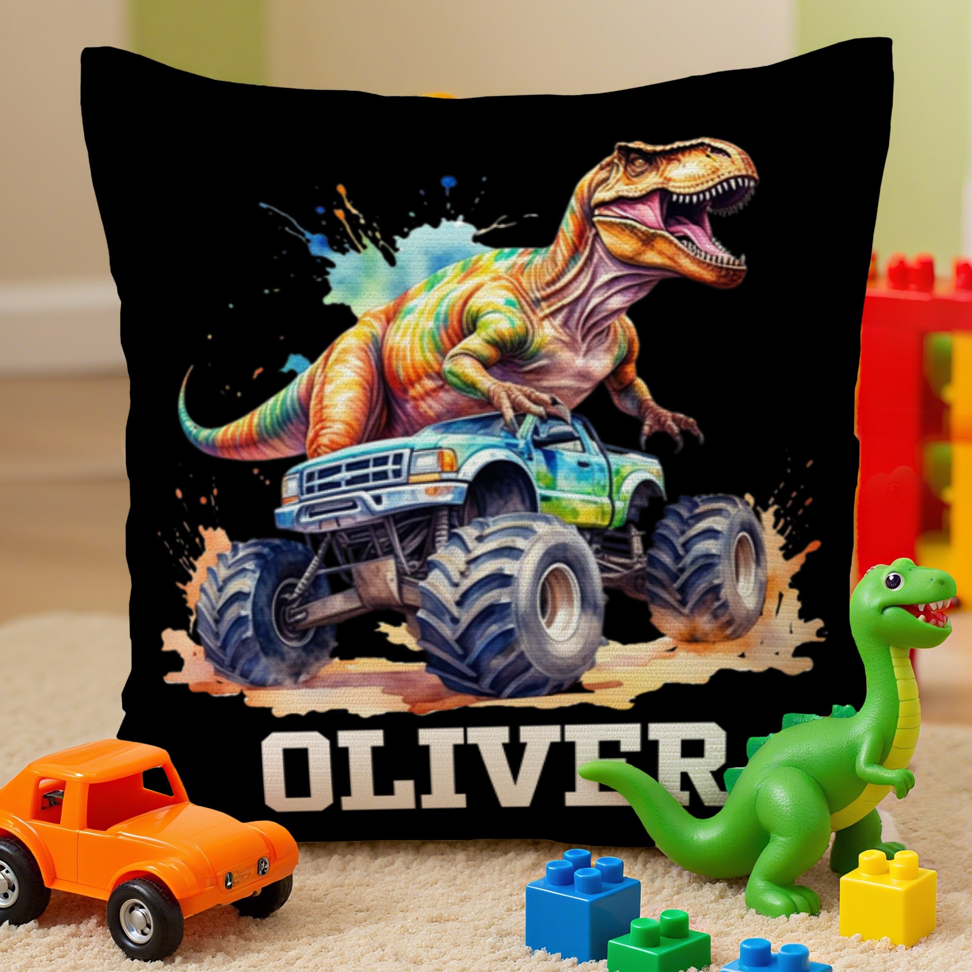 Camión dinosaurio personalizado Funda de cojín suave con nombre Decoración de la habitación Cumpleaños Regalo de Navidad para niños Niñas