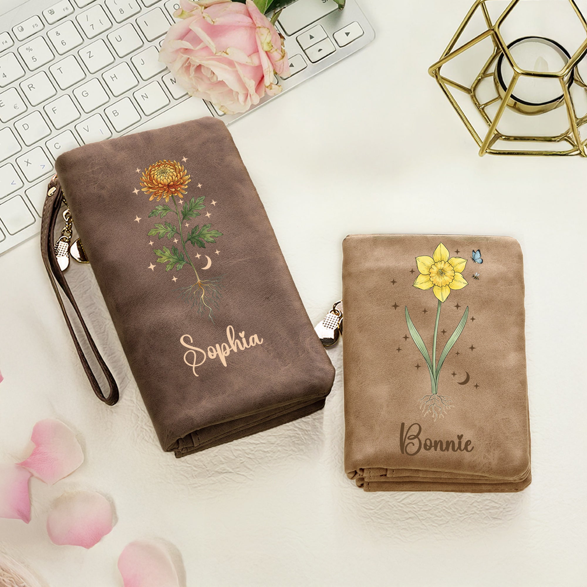 Personalizada Nacimiento Flor PU Cuero Vintage Mujer Billetera con Nombre Cumpleaños Día de la Madre Regalo para la Madre Abuela