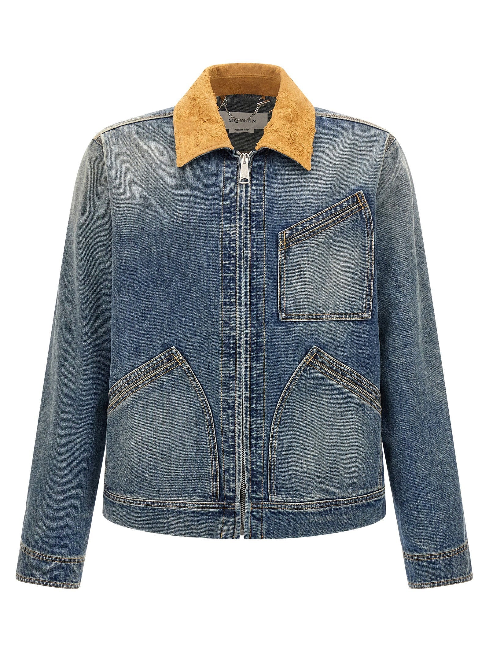 Alexander McQueen Suede-Collar Denim Jacket — Blue