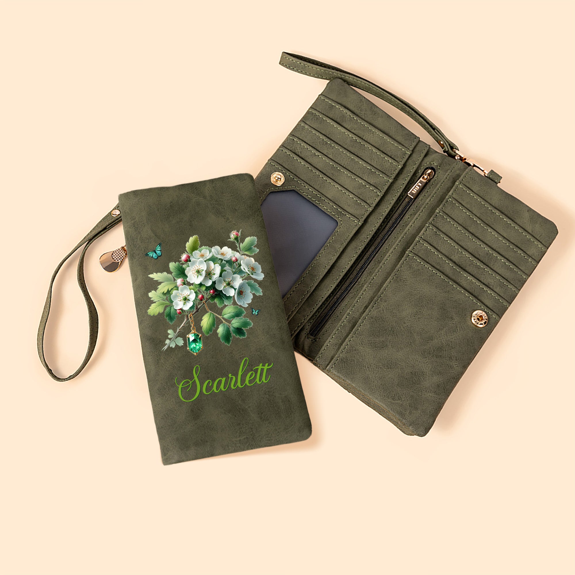 Personalizada Flor de Nacimiento Piedra de Nacimiento PU Cuero Plegado Pulsera Billetera con Nombre y Múltiples Ranuras para Tarjetas Cumpleaños Día de la Madre Regalo para Mujeres Mamá
