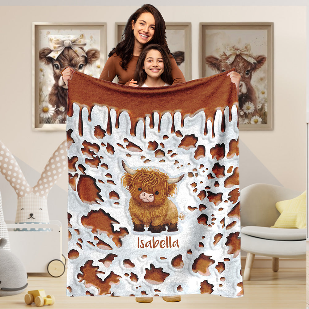 Personalizado lindo Highland Vaca Suave manta del bebé Swaddle Hat Set con Nombre Decoración para el Hogar Aniversario Cumpleaños Regalo para la Familia Bebé