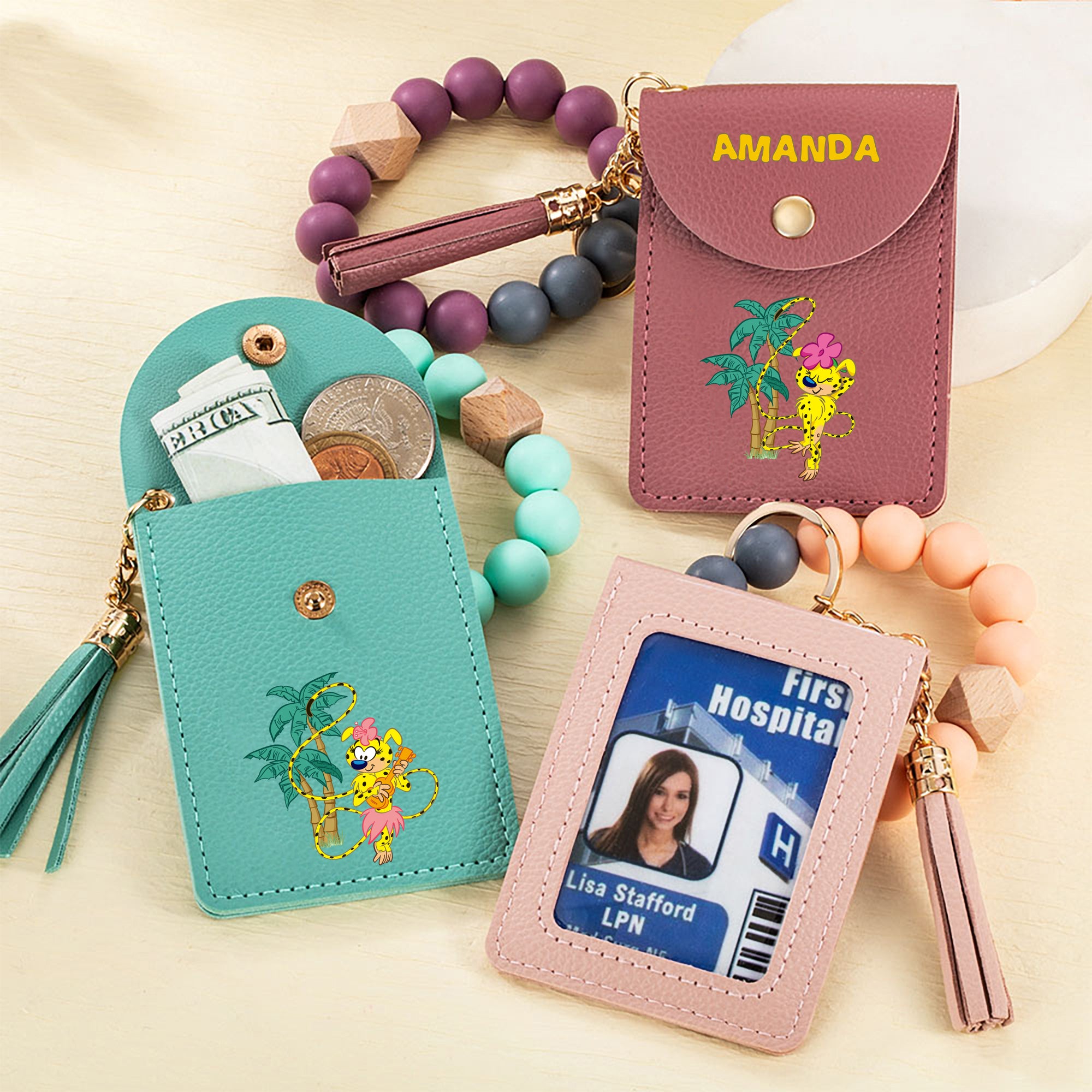 Llavero Pulsera Personalizado Marsupilami Leopardo de Cola Larga con Pulsera de Cuentas y Nombre Regalo de Cumpleaños para Ella | Callie × Marsupilami
