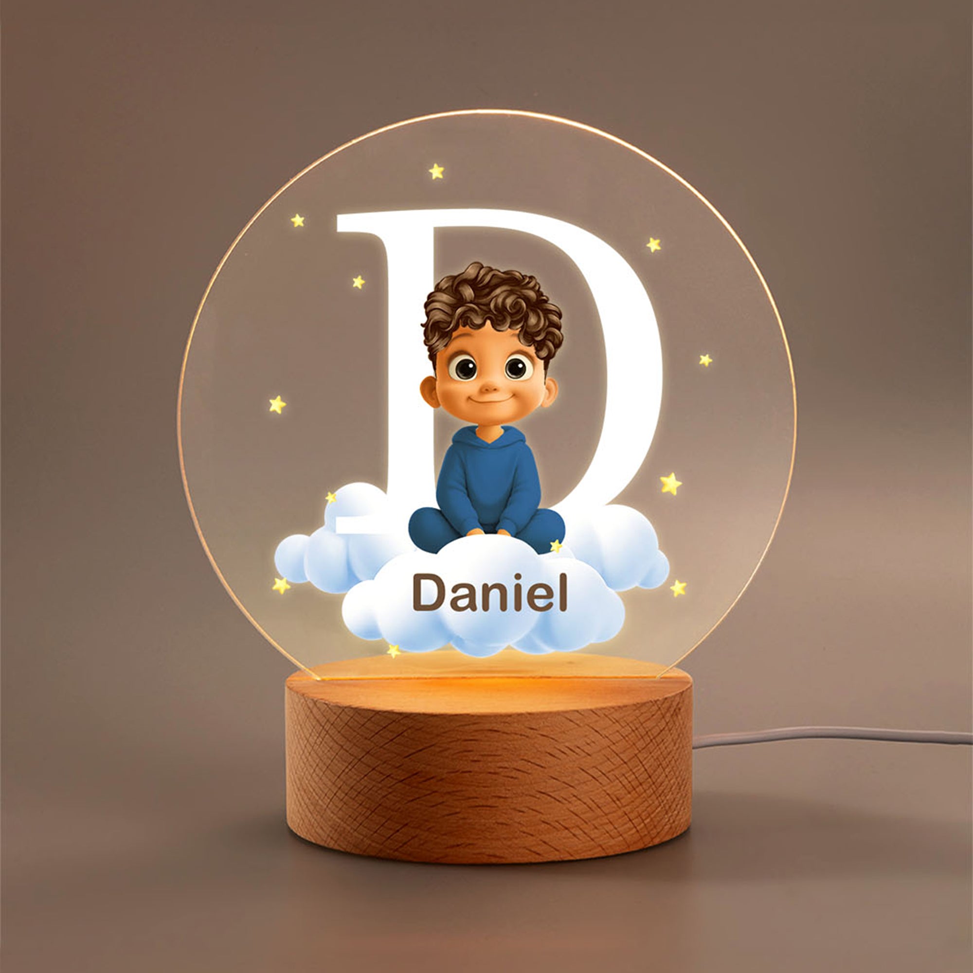Luz nocturna LED personalizada con personaje de dibujos animados nube estrella y nombre base de madera regalo de cumpleaños para bebés y niños