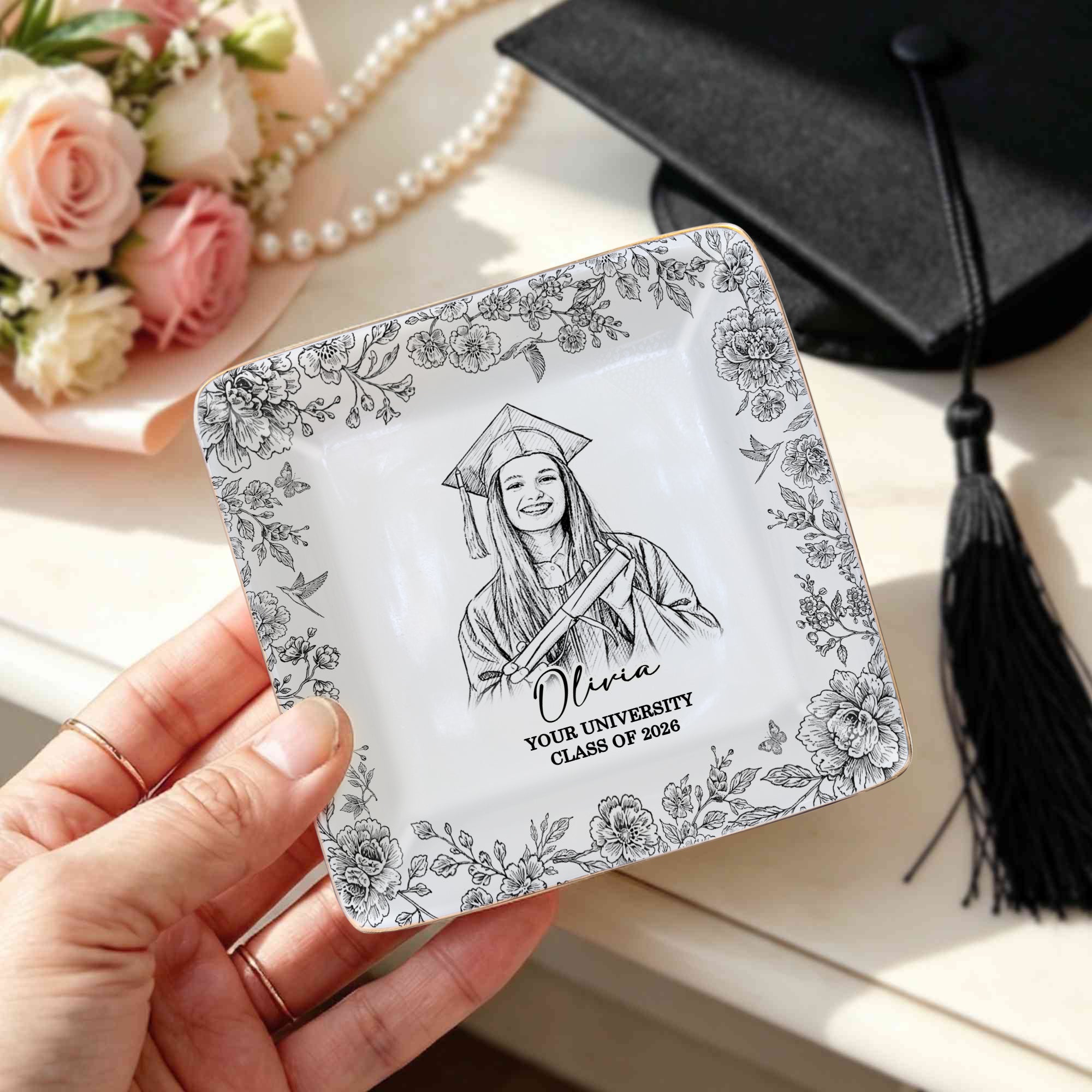 Plato de cerámica personalizado con foto de graduación dibujada a mano con nombre del año y nombre de la escuela Regalo de graduación de uso diario para graduados
