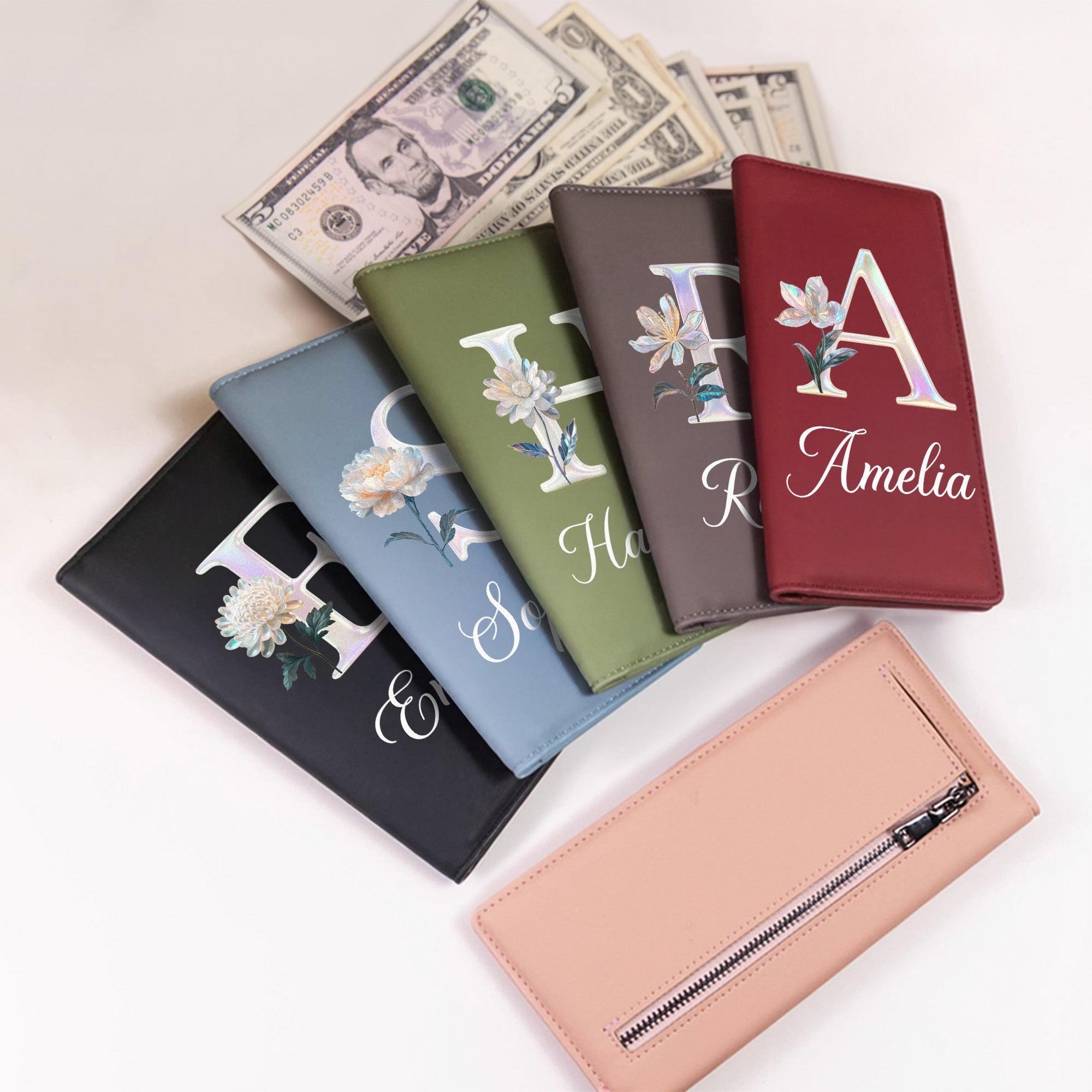 Personalizada Efecto Perla Nacimiento Flor PU Piel Cartera Larga con Nombre y Tarjetero Uso Diario Cumpleaños Día de la Madre Regalo para Mujer
