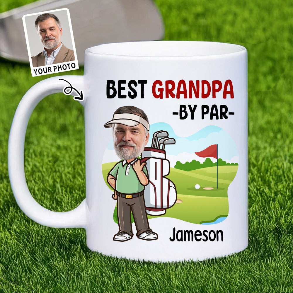 Taza de cerámica personalizada con el nombre y la foto de un personaje de golf de dibujos animados para el Día del Padre, regalo de cumpleaños para los amantes del golf