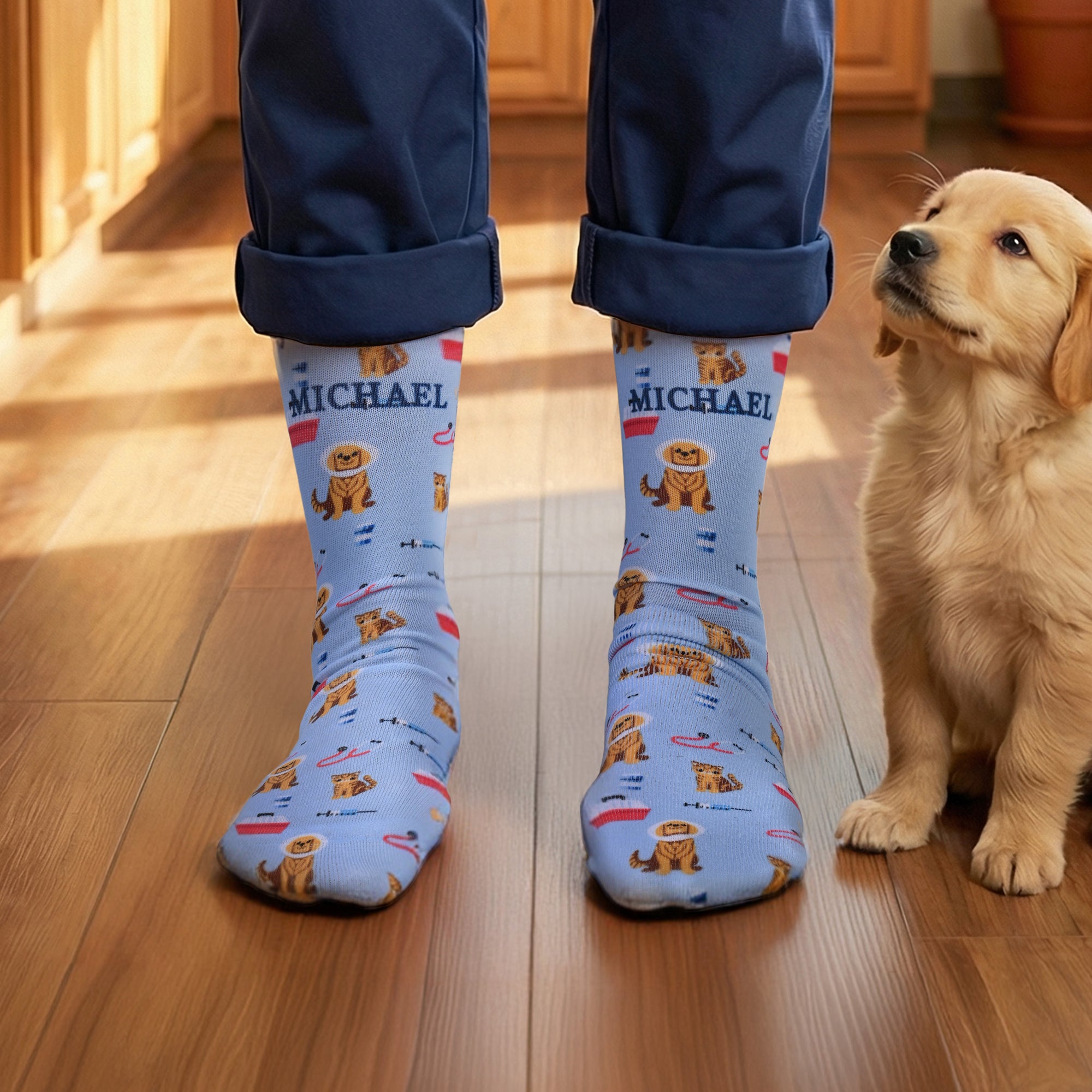 Calcetines personalizados con el nombre de la mascota en forma de jaula de huesos de gato, para uso diario, regalo divertido para veterinarios.