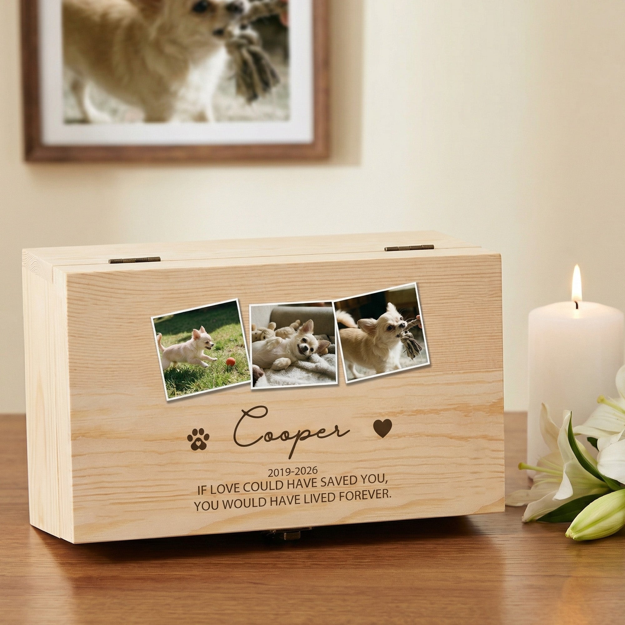 Personalizado Pet Foto Nacimiento y Muerte Años Caja de madera de almacenamiento de memoria con el nombre y el texto Pérdida de Mascota Memorial Regalo para el dueño de la mascota Amante