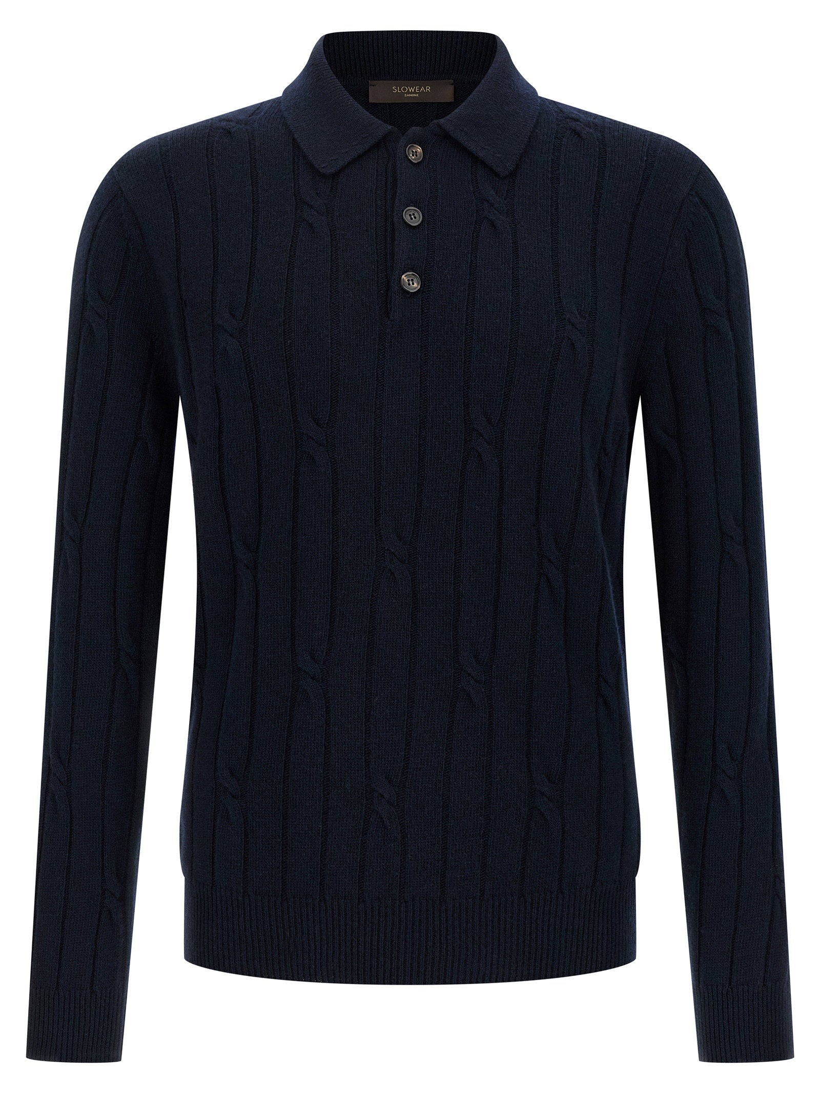 Zanone Cashmere and Wool Cable-Knit Polo Shirt — Navy