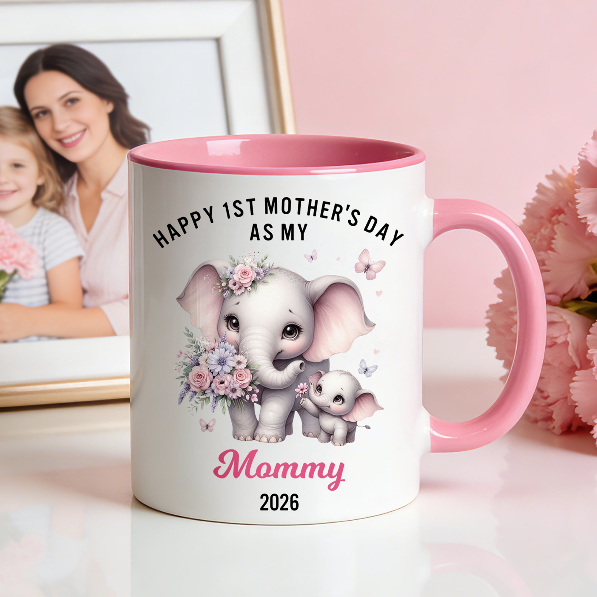 Taza de cerámica personalizada con el nombre y el texto de un elefante Regalo de aniversario para madres el 1er Día de la Madre