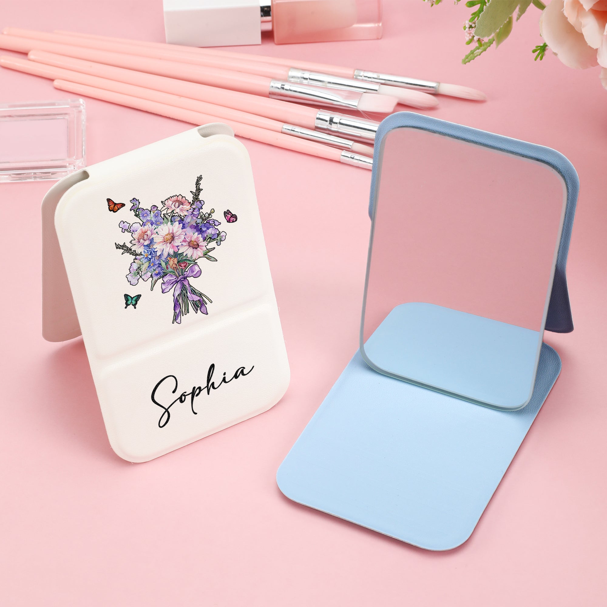 Personalizado Acuarela Nacimiento Flor Bouquet Mariposa PU Cuero Espejo de Maquillaje con Nombre Plegable Viaje Esencial Cumpleaños Regalo para Mujeres
