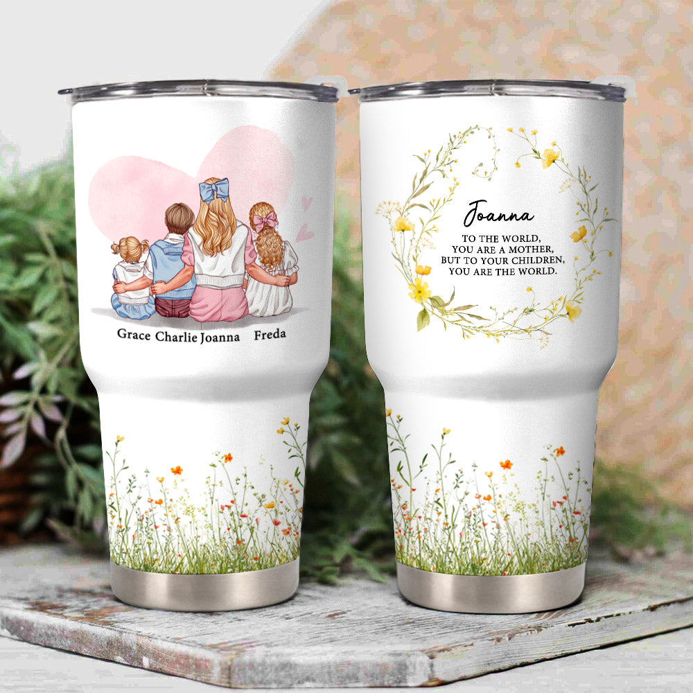 Vaso isotérmico de 30 oz personalizado con nombres Flor de acuarela Mamá y 1-3 niños Personajes de dibujos animados Día de la Madre Regalo de agradecimiento para mamá