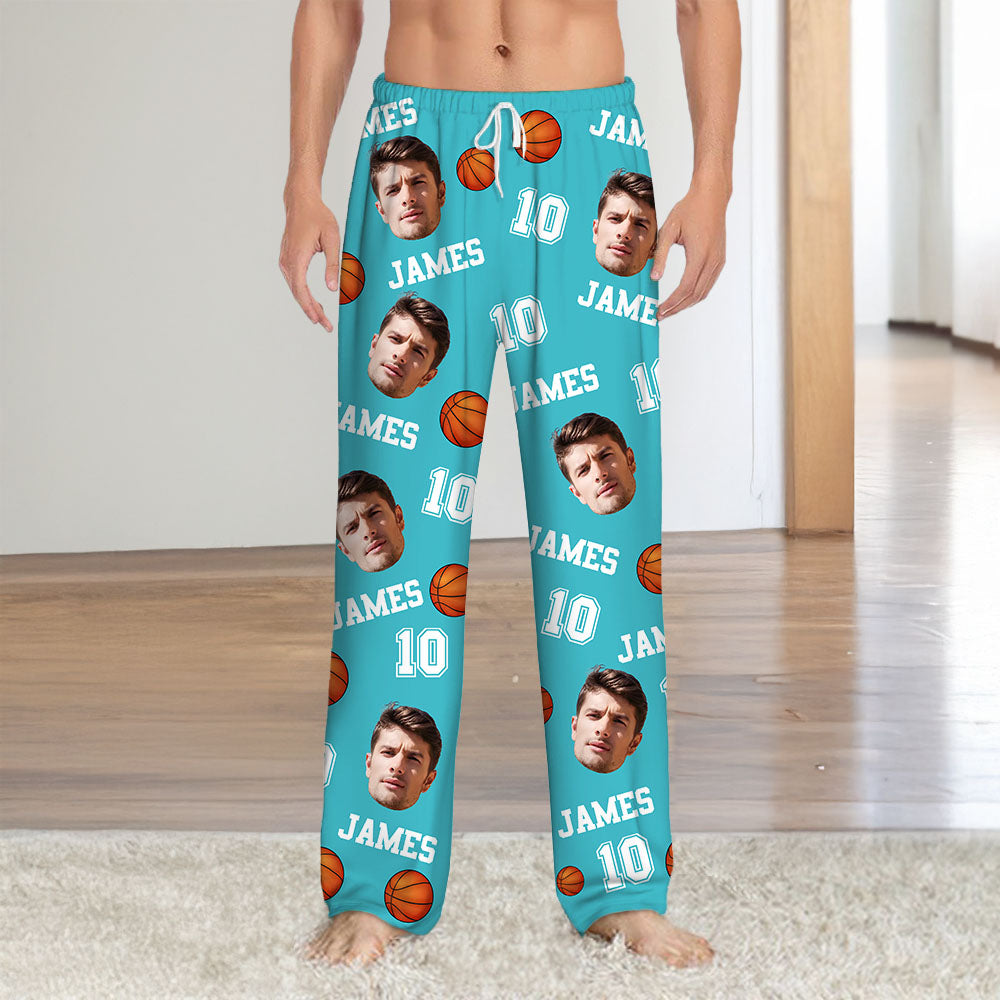 Personalizado Baloncesto Fútbol Cara Foto Manga Larga Suave Pijama Pantalones con Nombre y Número Daily Home Wear Cumpleaños Regalo para el amante de los deportes de pelota