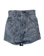Women's Blue Floral Print Denim Cotton Hot Pants Shorts Elastane