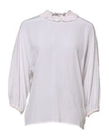 Women's White Ruffled Neckline Blouse Pullover Top Silk