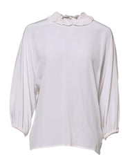 Women's White Ruffled Neckline Blouse Pullover Top Silk