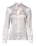 Women's White Ascot Collar Long Sleeve Blouse Top Silk
