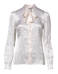 Women's White Ascot Collar Long Sleeve Blouse Top Silk