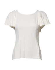 Women's White Round Neck Short Sleeves Blouse Top Viscose Acetate Elastane